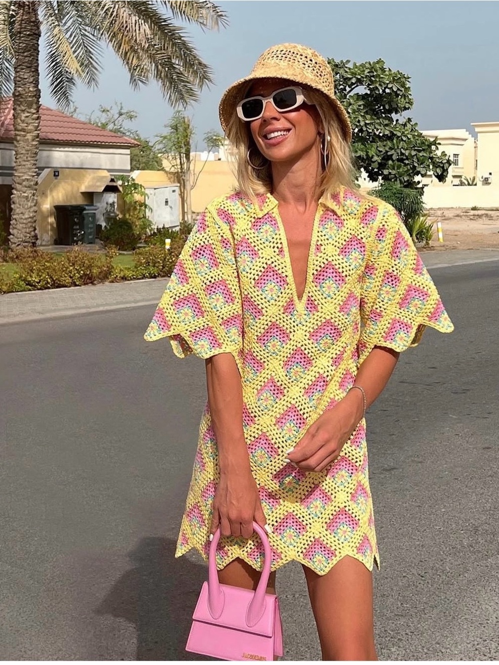 Zara Yellow Crochet dresswith Pink and Green Details, L